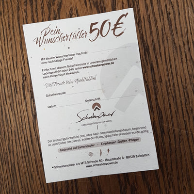 SCHWABENPOWER GUTSCHEINKARTE - exklusiv auf Samenpapier