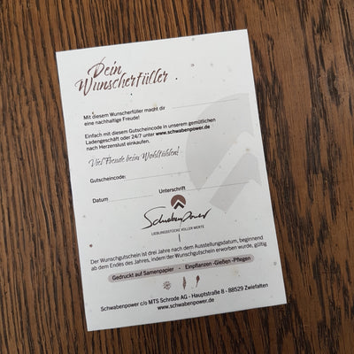 SCHWABENPOWER GUTSCHEINKARTE - exklusiv auf Samenpapier