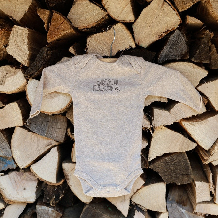 Babybody langarm, Farbe Yemen, Aufdruck Mauldäschle, weiche Bio-Baumwolle