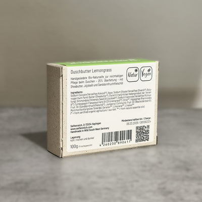 handgesiedete Duschbutter Lemongrass im Graskarton, 100g Frischegewicht, Bio, natürlich, vegan, handgemacht in Schwaben, reichhaltige Inhaltsstoffe