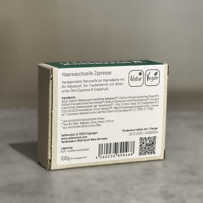 Haarwaschseife Zypresse, handgesiedet, natürliche und vegane Inhaltsstoffe, 100g Frischegewicht