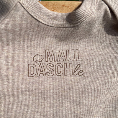 Babybody langarm, Aufdruck "Mauldäschle", Farbe Yemen, Bio-Baumwolle