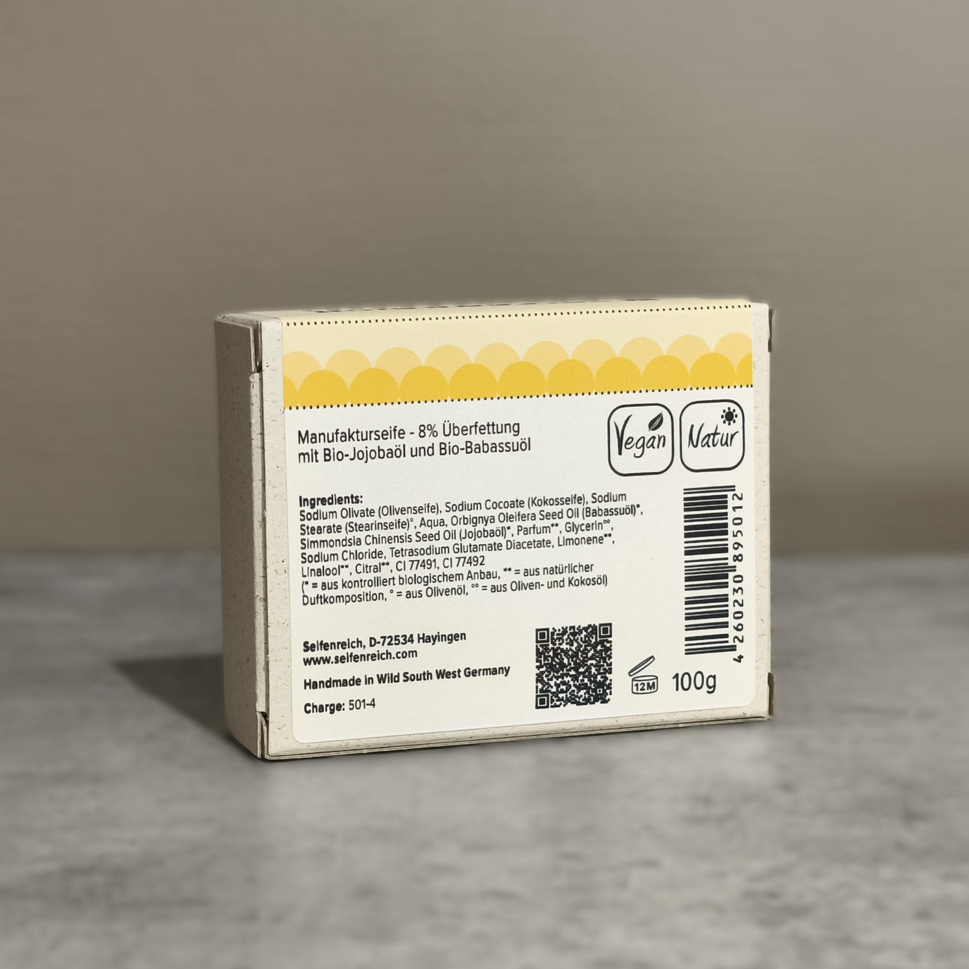 Naturseife Orangenseife, 100g Frischegewicht, im Graskarton, reichhaltige Inhaltsstoffe, hergestellt in Schwaben
