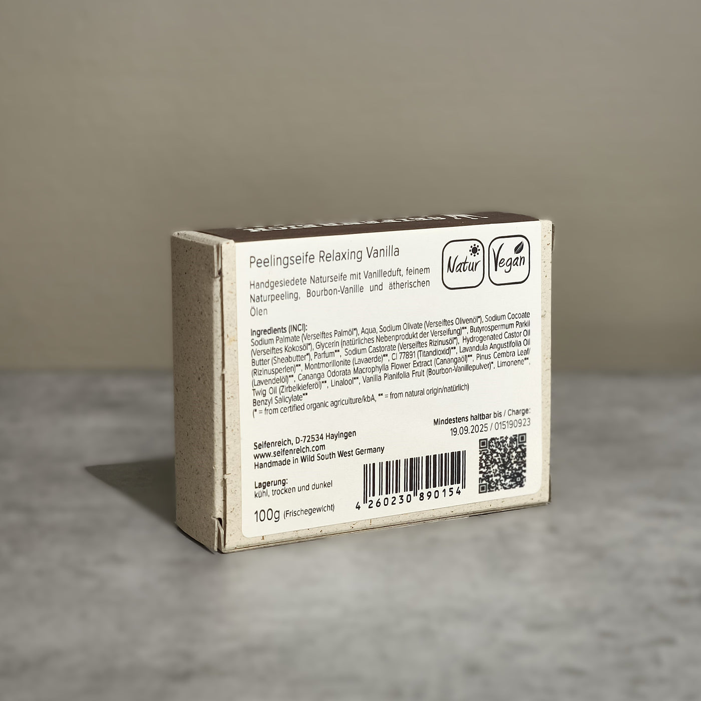 Naturseife mit Vanilleduft, reichhaltige Inhaltsstoffe, 100g Frischegewicht, Naturpeeling