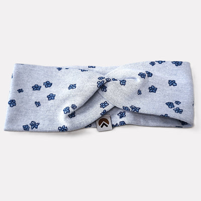 Stirnband hellblau, dunkelblaue Blümchen, Bio-Baumwolle, vorne Twist