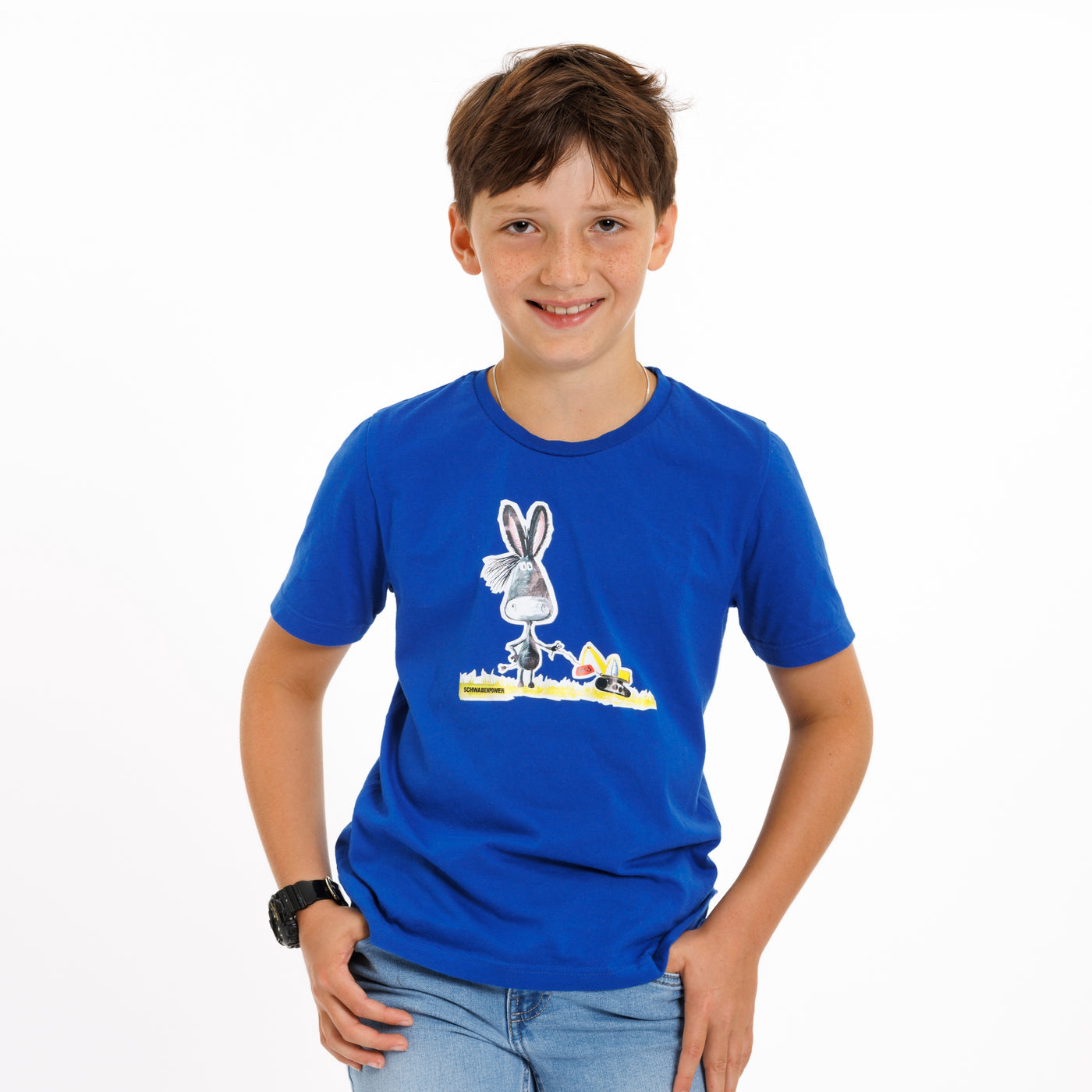 Kinder T-Shirt in royalblau mit Eslechen und Bagger